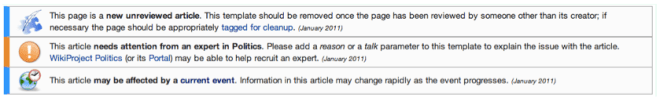 The three cleanup tags automatically appended to the article when it was published at UTC 13:27 on 25 January, 2011